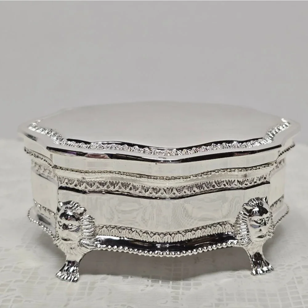 Silver Chrome Lion Heads Footed Non Tarnish Jewelry Trinket Box Victorian Style